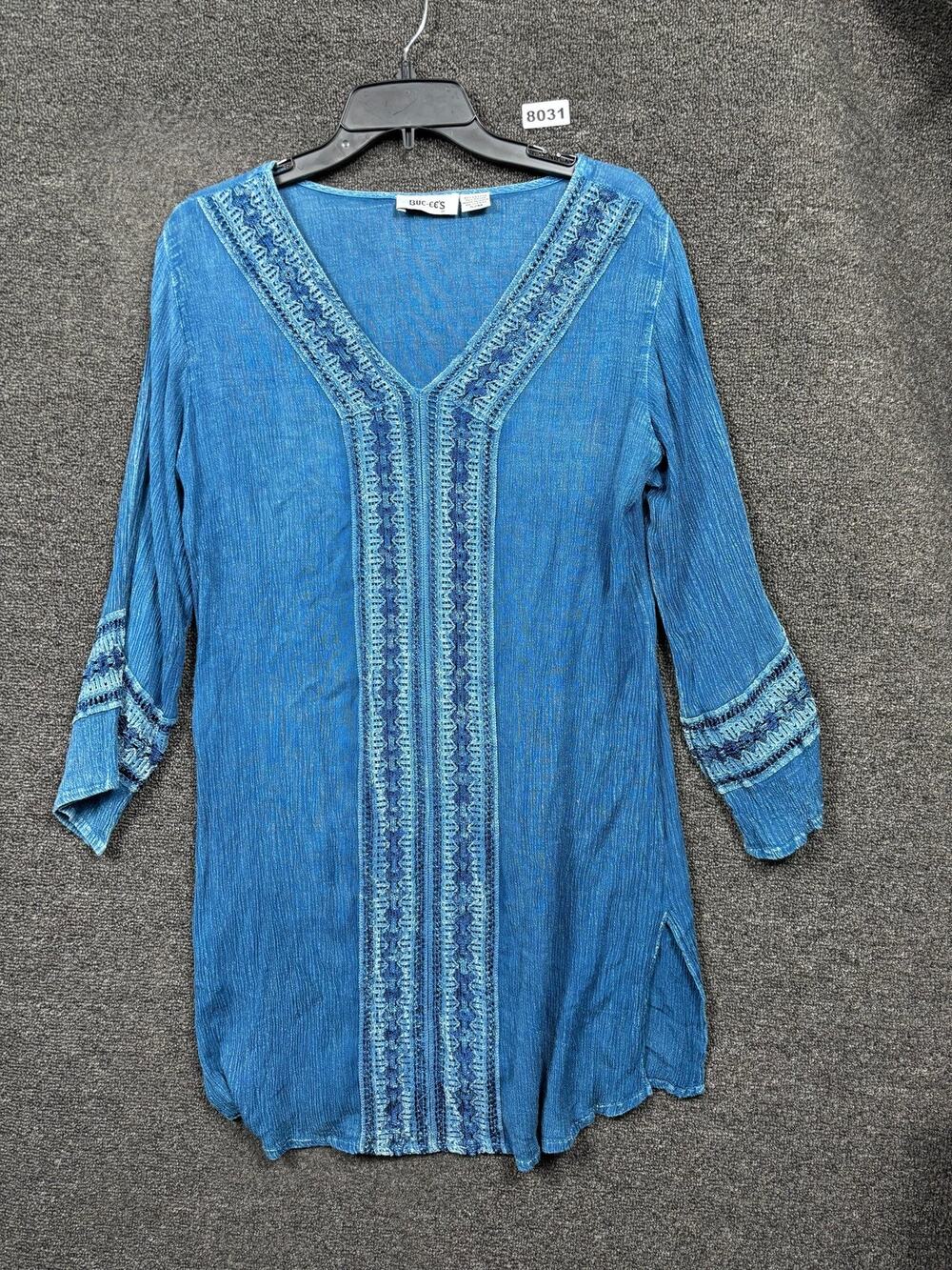 Buc-ee's Blouse Womens S/M Blue Embroidered V Neck 3/4 Sleeve Boho Tunic Top